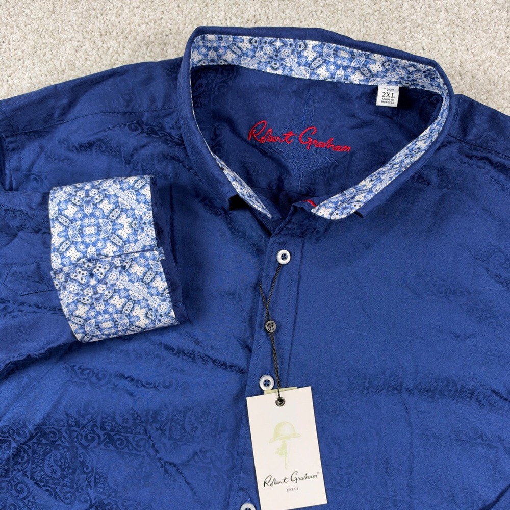 NEW Robert Graham Windsor Button Shirt Men 2XL Navy Paisley Jacquard